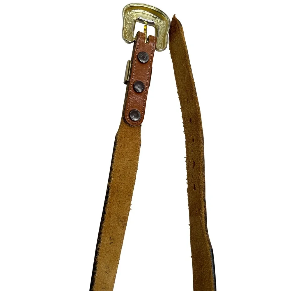 Tony Lama Leather Belt Sz‎ 34 Brown Gold Buckle Made In USA brass Buckle Western
